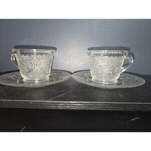 Vintage Indiana Glass Sandwich Clear Set Of 2 Tea Cups With Saucers
